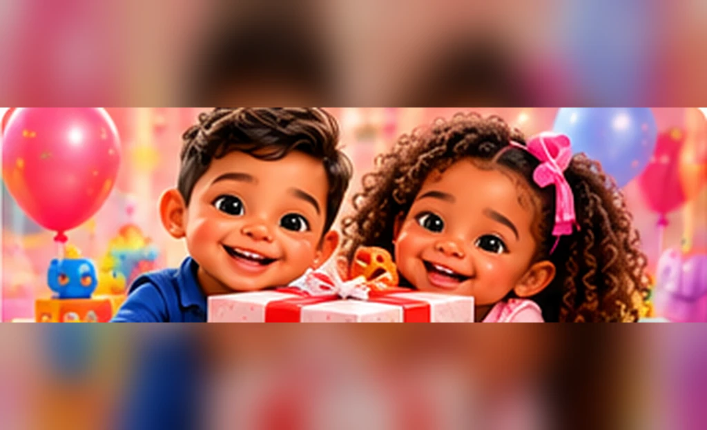 Two 3D animated-style children celebrating together with a wrapped gift