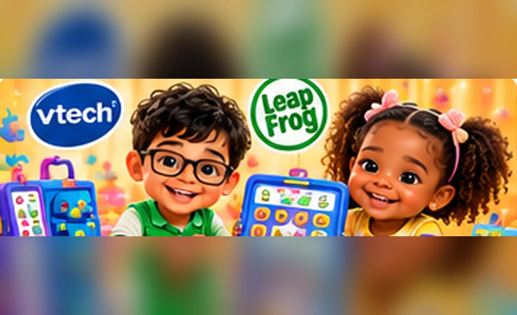 Two diverse 3D animated-style children using educational toys and a learning tablet