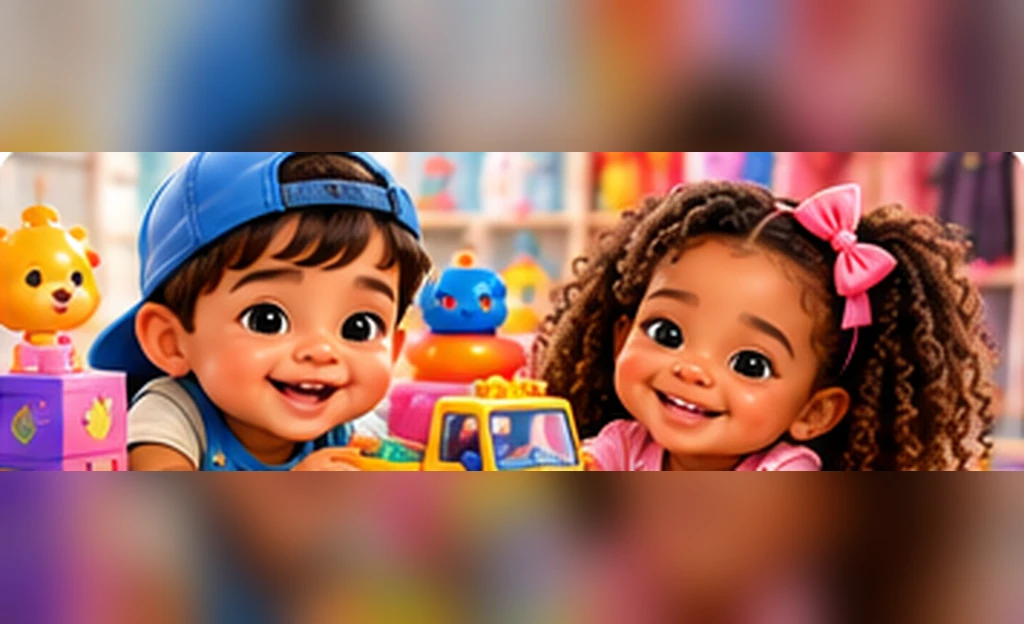 Two multicultural 3D animated-style toddlers playing with a toy truck and colourful toys
