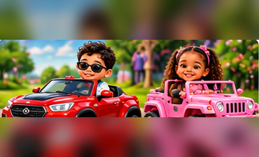 Two children enjoying electric ride-on toy vehicles in a bright supervised outdoor scene